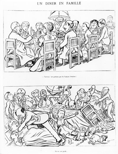 Caricature of a family dinner before and after having talked about the Dreyfus Affair by Emmanuel Poire Caran D